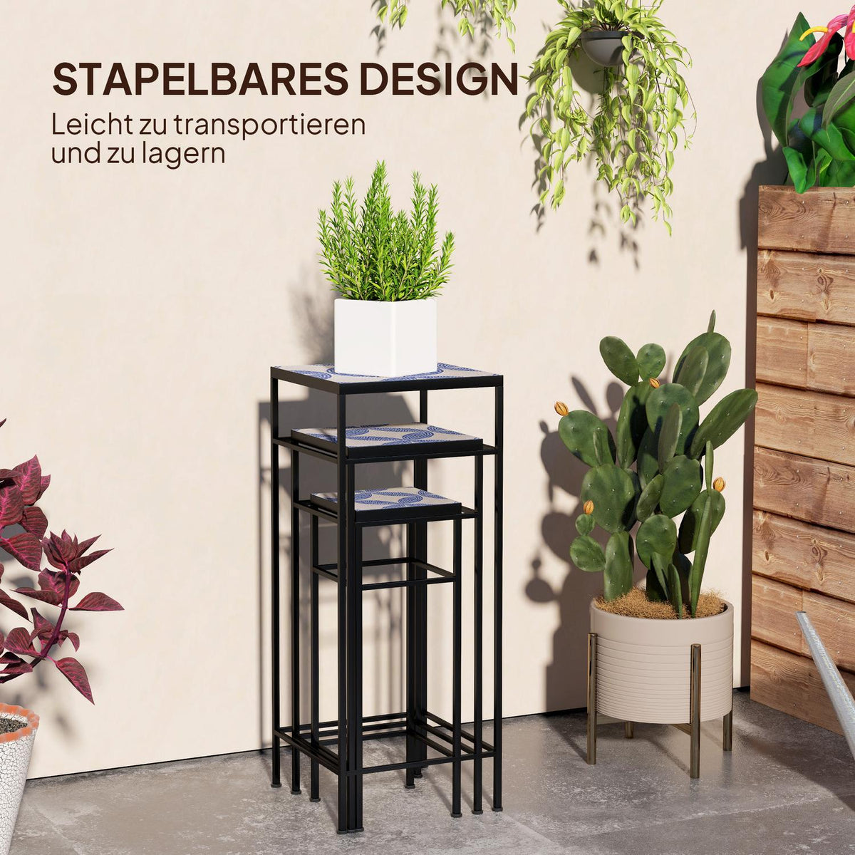 Set of 3 plant stands, 71 cm high flower stand for indoor use, plant shelf made of metal, 3 different sized flower shelves, flower stools, flower pot stands for living room garden balcony blue + white