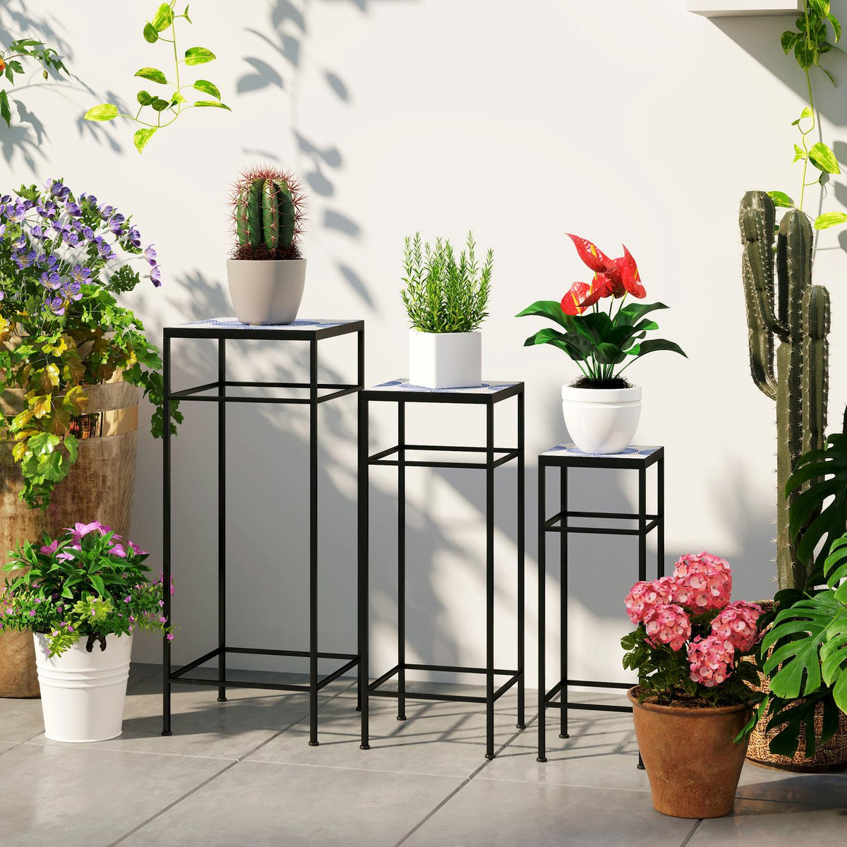 Set of 3 plant stands, 71 cm high flower stand for indoor use, plant shelf made of metal, 3 different sized flower shelves, flower stools, flower pot stands for living room garden balcony blue + white
