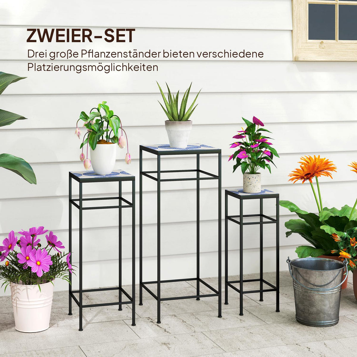 Set of 3 plant stands, 71 cm high flower stand for indoor use, plant shelf made of metal, 3 different sized flower shelves, flower stools, flower pot stands for living room garden balcony blue + white
