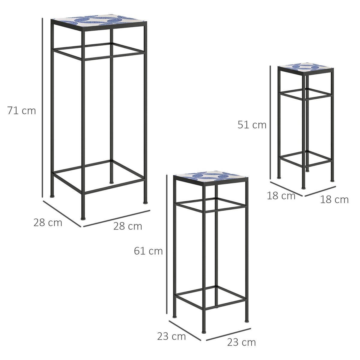 Set of 3 plant stands, 71 cm high flower stand for indoor use, plant shelf made of metal, 3 different sized flower shelves, flower stools, flower pot stands for living room garden balcony blue + white