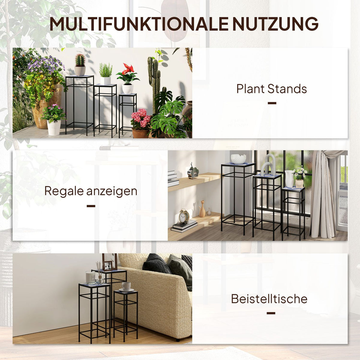 Set of 3 plant stands, 71 cm high flower stand for indoor use, plant shelf made of metal, 3 different sized flower shelves, flower stools, flower pot stands for living room garden balcony blue + white