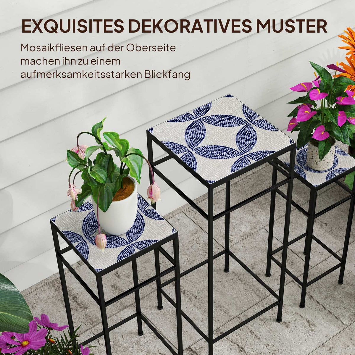 Set of 3 plant stands, 71 cm high flower stand for indoor use, plant shelf made of metal, 3 different sized flower shelves, flower stools, flower pot stands for living room garden balcony blue + white
