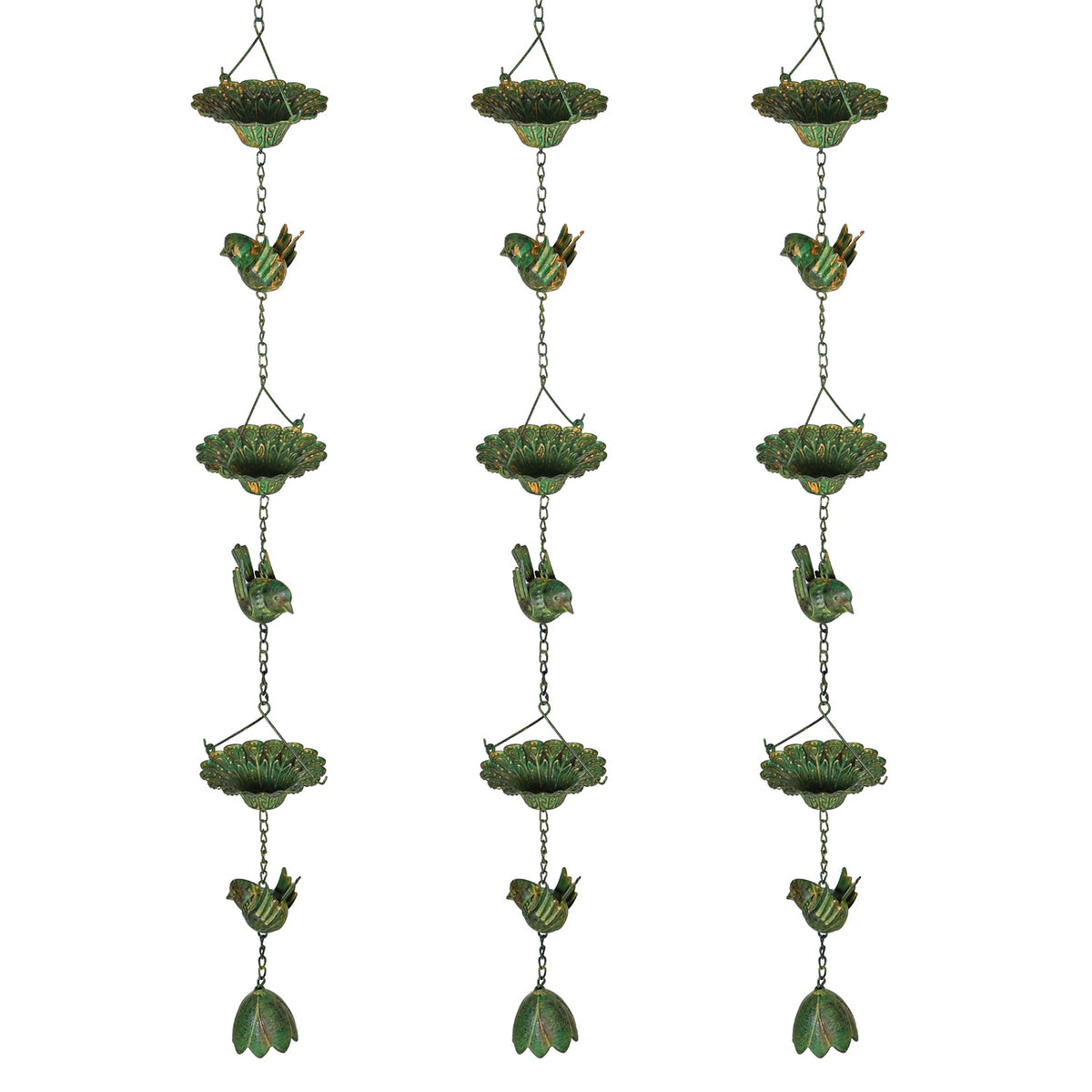 Set of 3 rain chains, 123 cm, metal rain drain chain, drain chain with attached hanger, birds, bell, gutter chain, rainwater chain, rain catcher chain for gutters, rain catcher, rain chains
