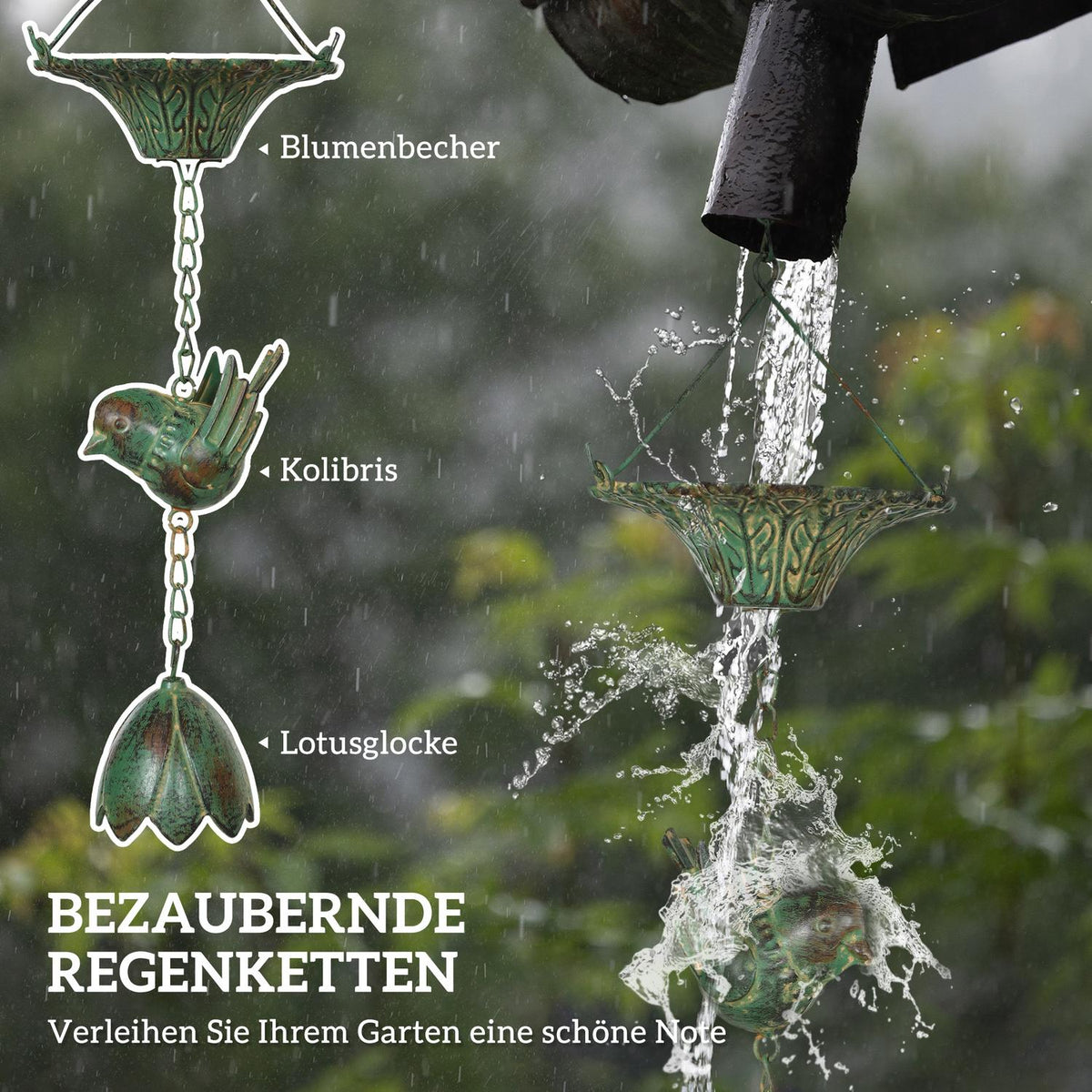 Set of 3 rain chains, 123 cm, metal rain drain chain, drain chain with attached hanger, birds, bell, gutter chain, rainwater chain, rain catcher chain for gutters, rain catcher, rain chains