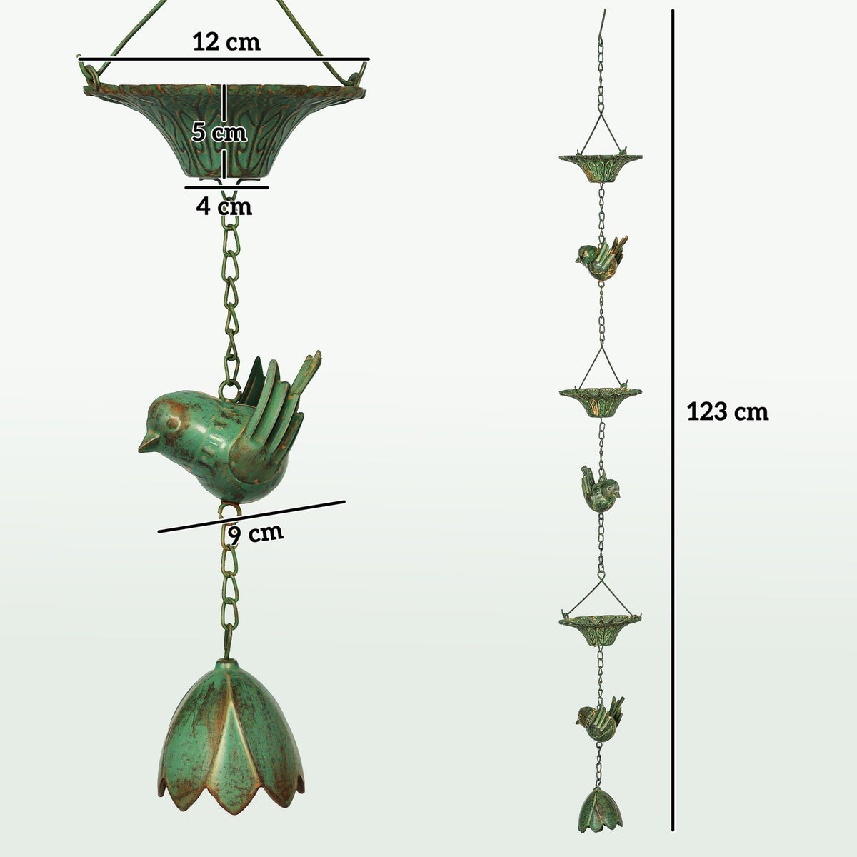 Set of 3 rain chains, 123 cm, metal rain drain chain, drain chain with attached hanger, birds, bell, gutter chain, rainwater chain, rain catcher chain for gutters, rain catcher, rain chains