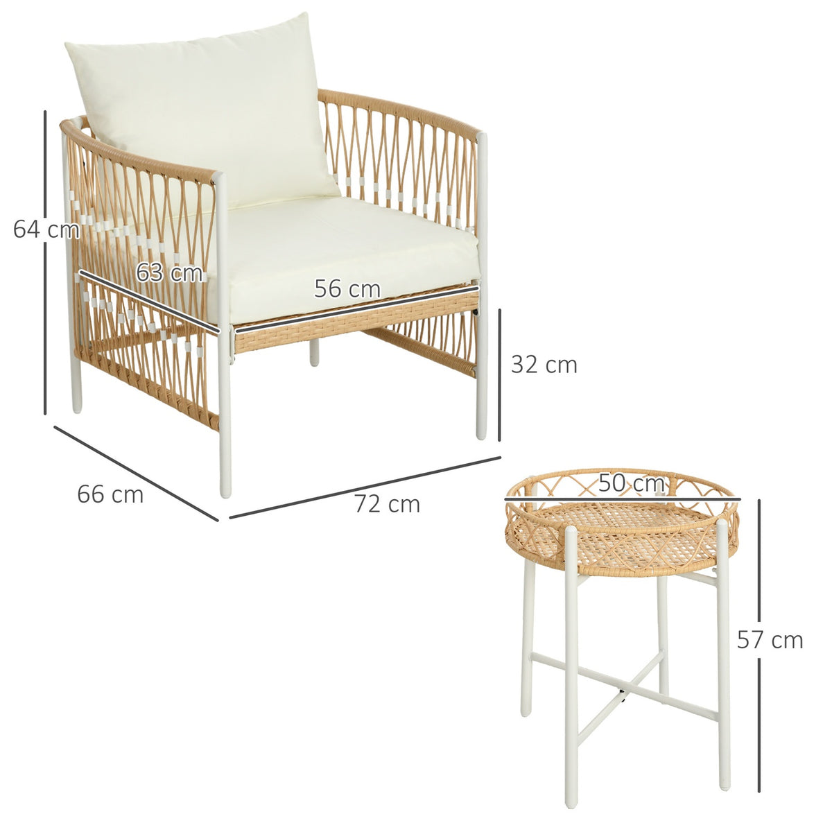 Set of 3 rattan garden furniture set with 2 garden chairs and coffee table, balcony furniture with cushions, for balcony and terrace, yellow and cream