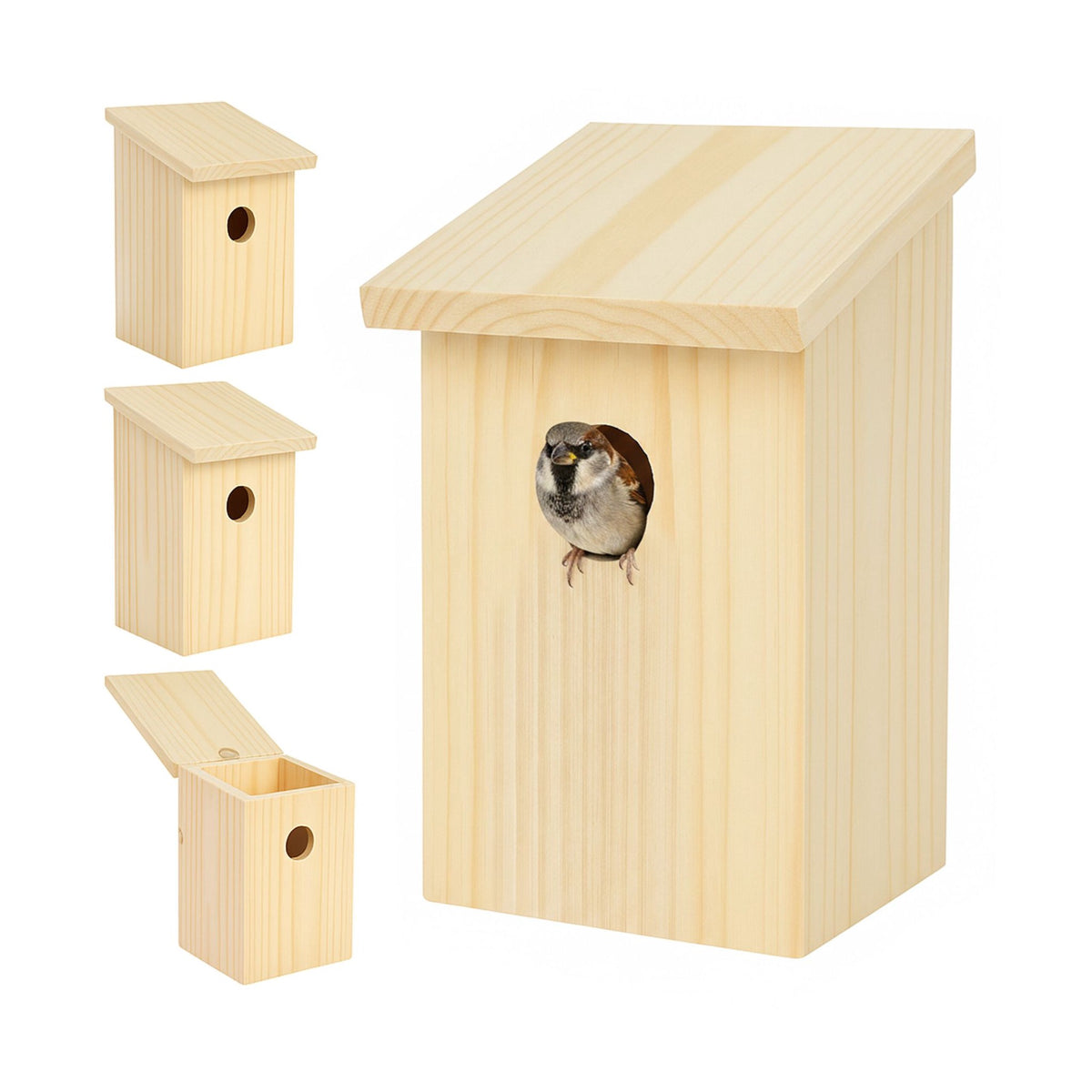 Set of 4 Fir Bird Nesting Boxes with Hinged Roof