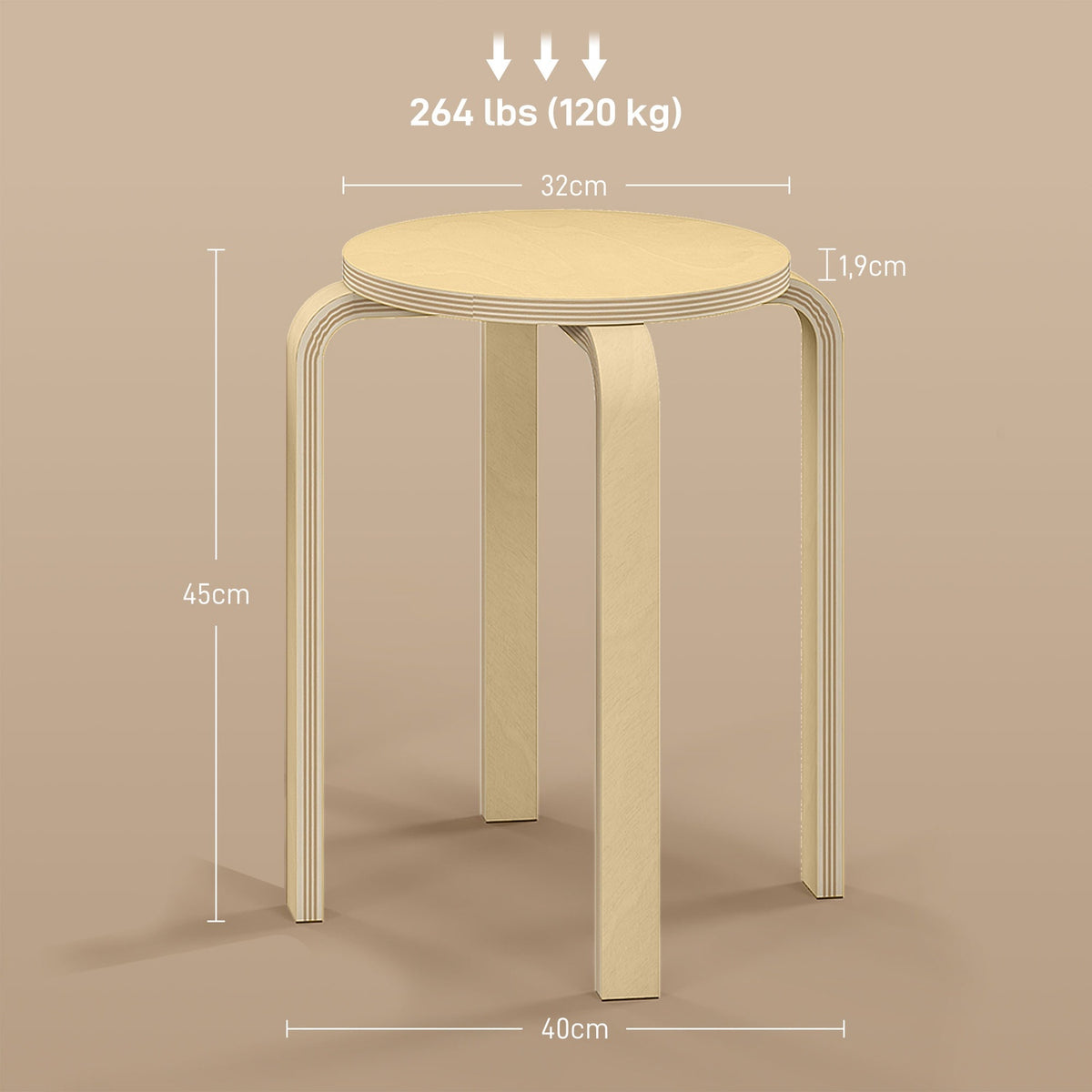 Set of 4 Stackable Stools, Dining Room Stools with Non-Slip Mat, Multifunctional Stools for Dining Room, Living Room, Natural