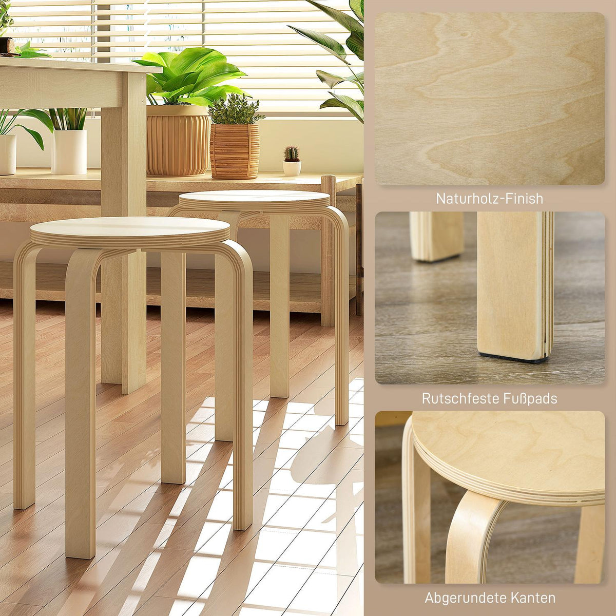 Set of 4 Stackable Stools, Dining Room Stools with Non-Slip Mat, Multifunctional Stools for Dining Room, Living Room, Natural