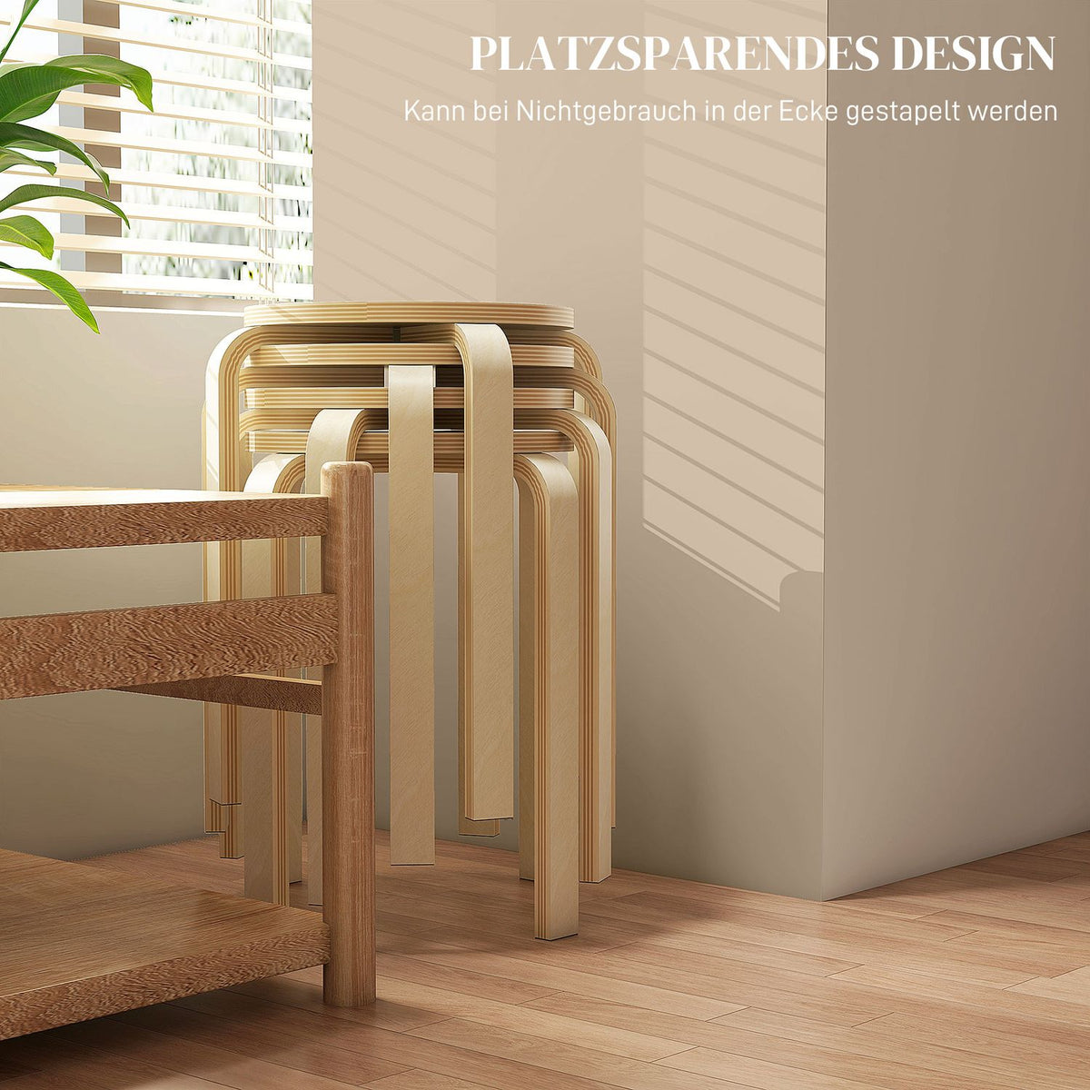 Set of 4 Stackable Stools, Dining Room Stools with Non-Slip Mat, Multifunctional Stools for Dining Room, Living Room, Natural