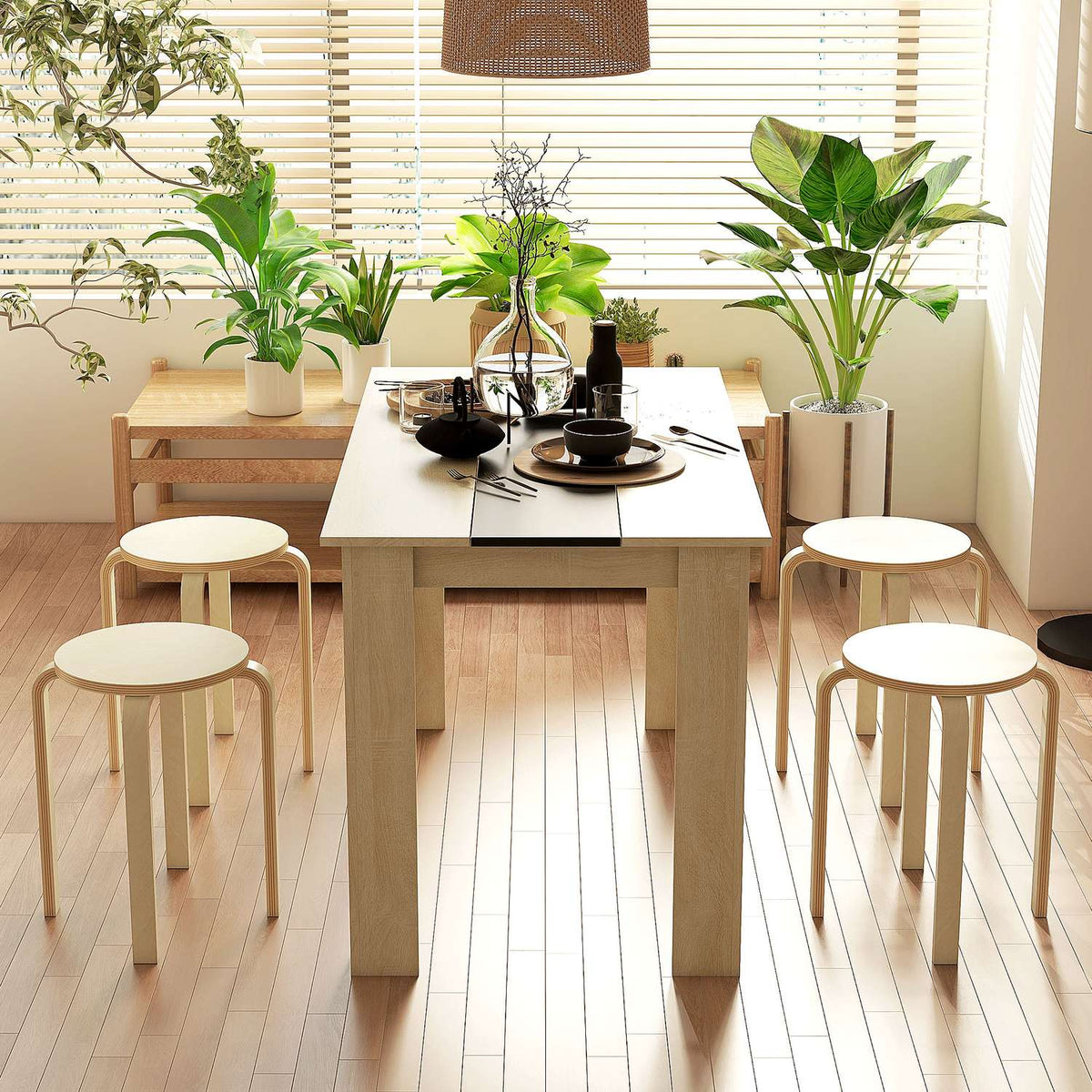 Set of 4 Stackable Stools, Dining Room Stools with Non-Slip Mat, Multifunctional Stools for Dining Room, Living Room, Natural