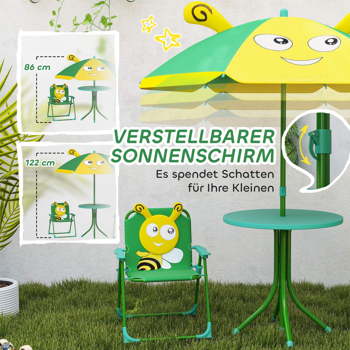 Set of 4 children's garden seating sets with 2 folding chairs, height-adjustable parasol, garden table, bee pattern for children aged 2-5, green |