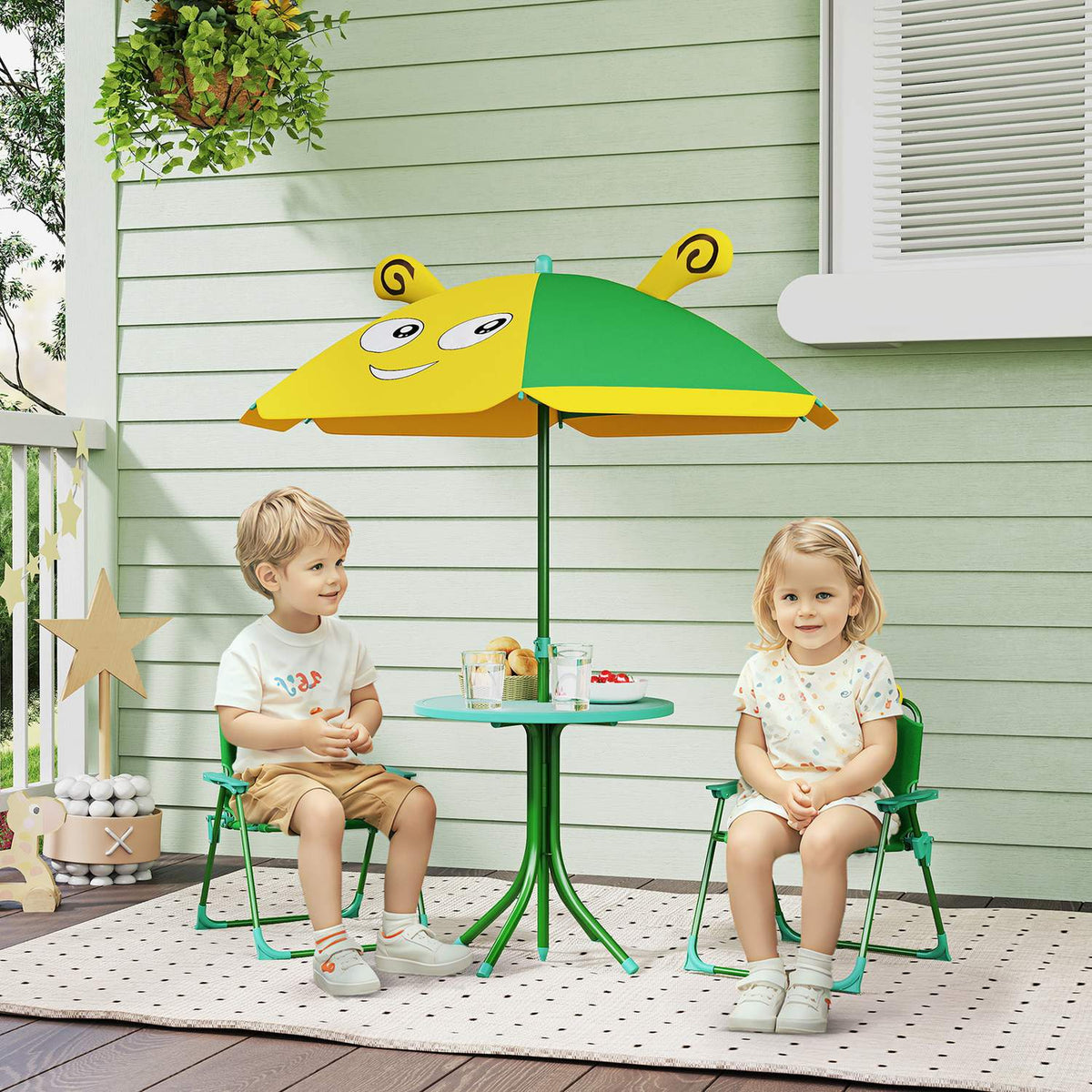 Set of 4 children's garden seating sets with 2 folding chairs, height-adjustable parasol, garden table, bee pattern for children aged 2-5, green |