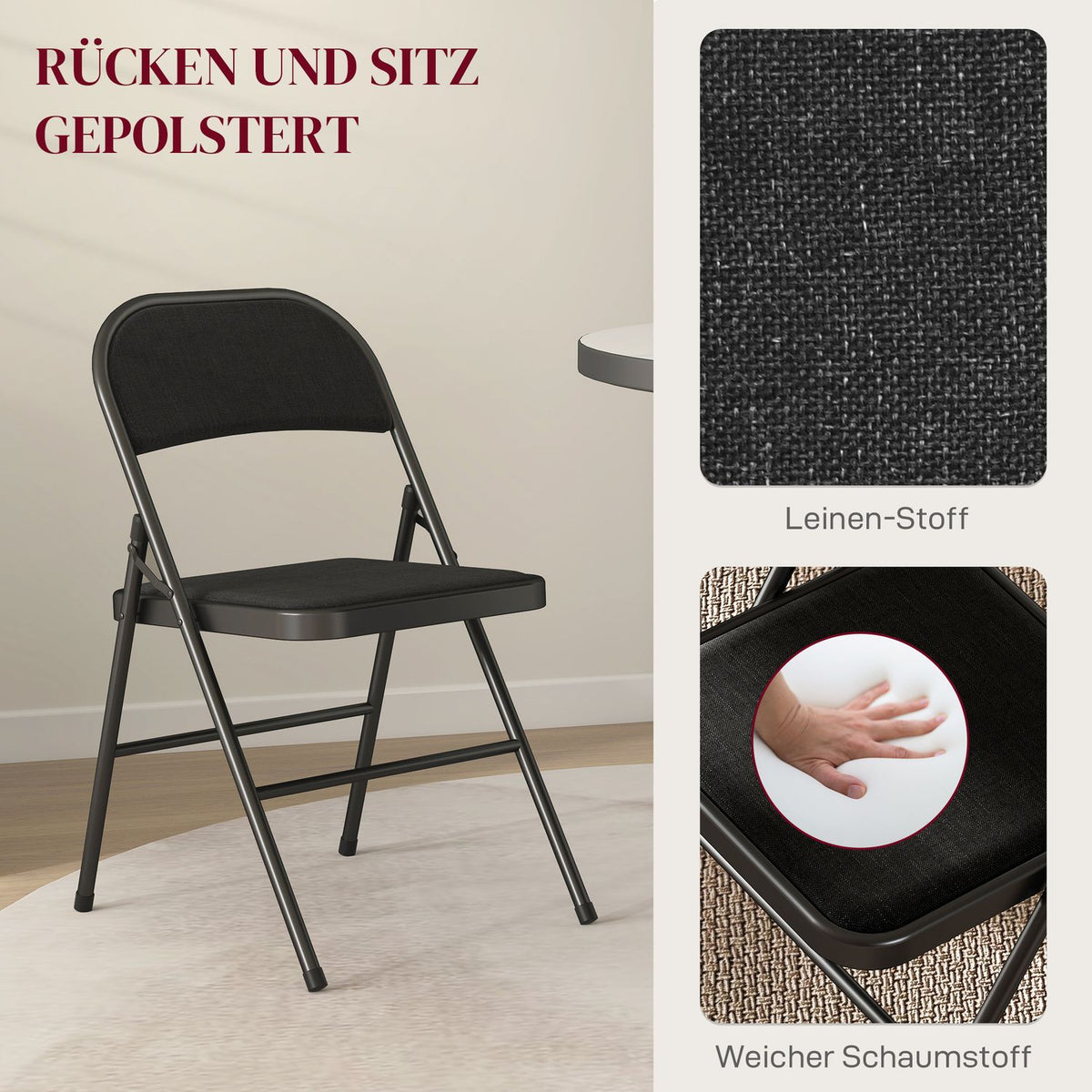 Set of 4 folding chairs, portable office chairs, metal legs, folding chair for office, reception, waiting room, linen look, black