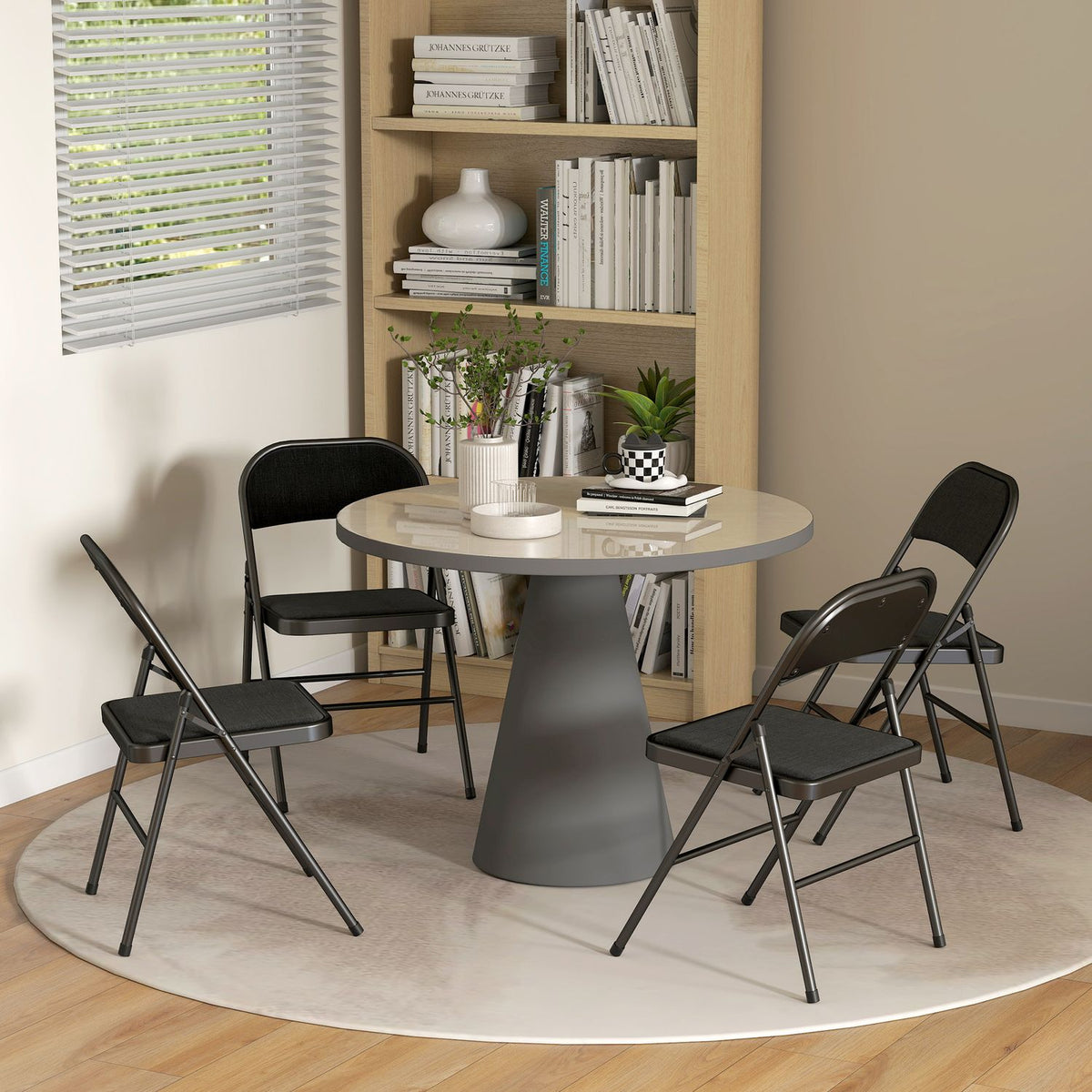 Set of 4 folding chairs, portable office chairs, metal legs, folding chair for office, reception, waiting room, linen look, black