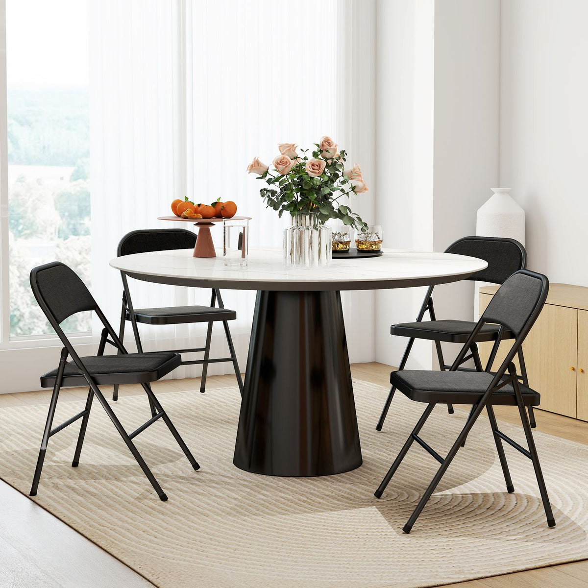 Set of 4 folding chairs, portable office chairs, metal legs, folding chair for office, reception, waiting room, linen look, black