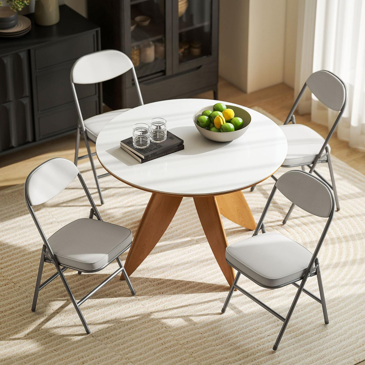 Set of 4 padded folding chairs, foldable chairs with corduroy cover, backrest, metal frame, cream white