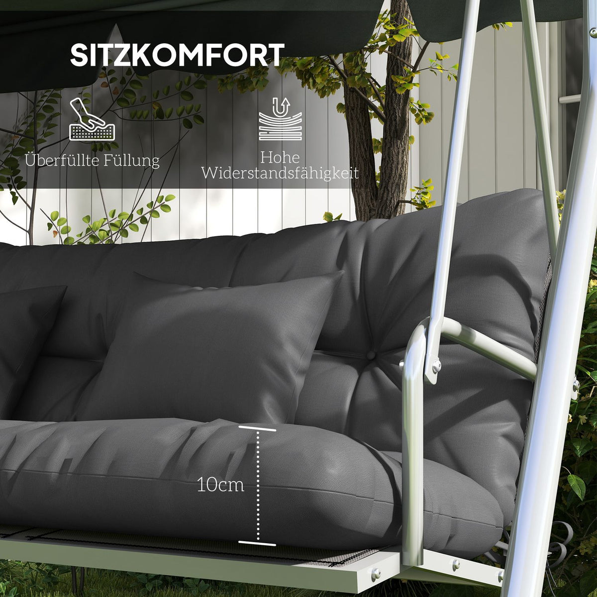 Set of 4 seat cushions, 150 x 50 cm, water-repellent chair cushions with ties, knotted design, 10 cm thick, upholstery for swing, seat cushion for home, garden, sofa, dark gray