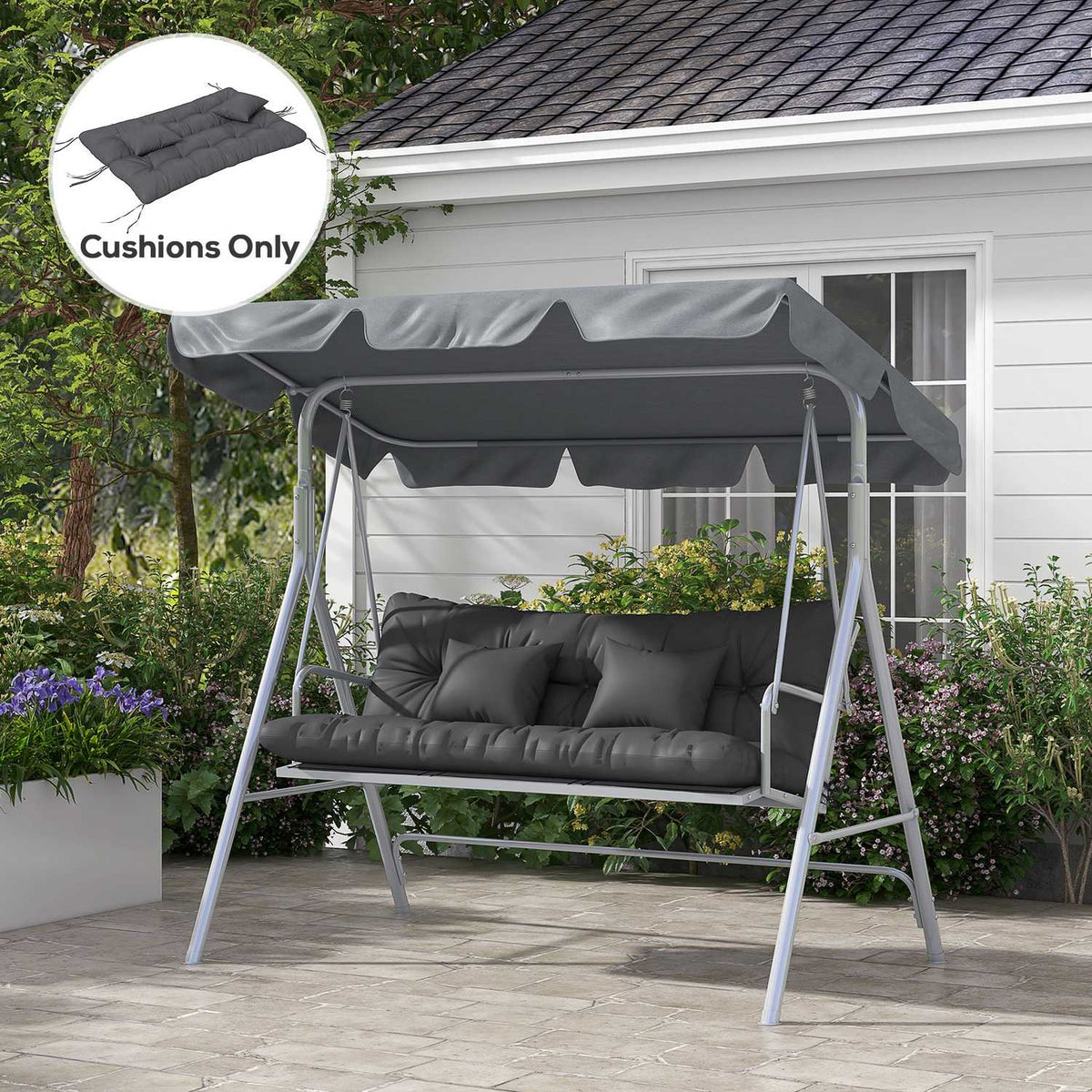 Set of 4 seat cushions, 150 x 50 cm, water-repellent chair cushions with ties, knotted design, 10 cm thick, upholstery for swing, seat cushion for home, garden, sofa, dark gray