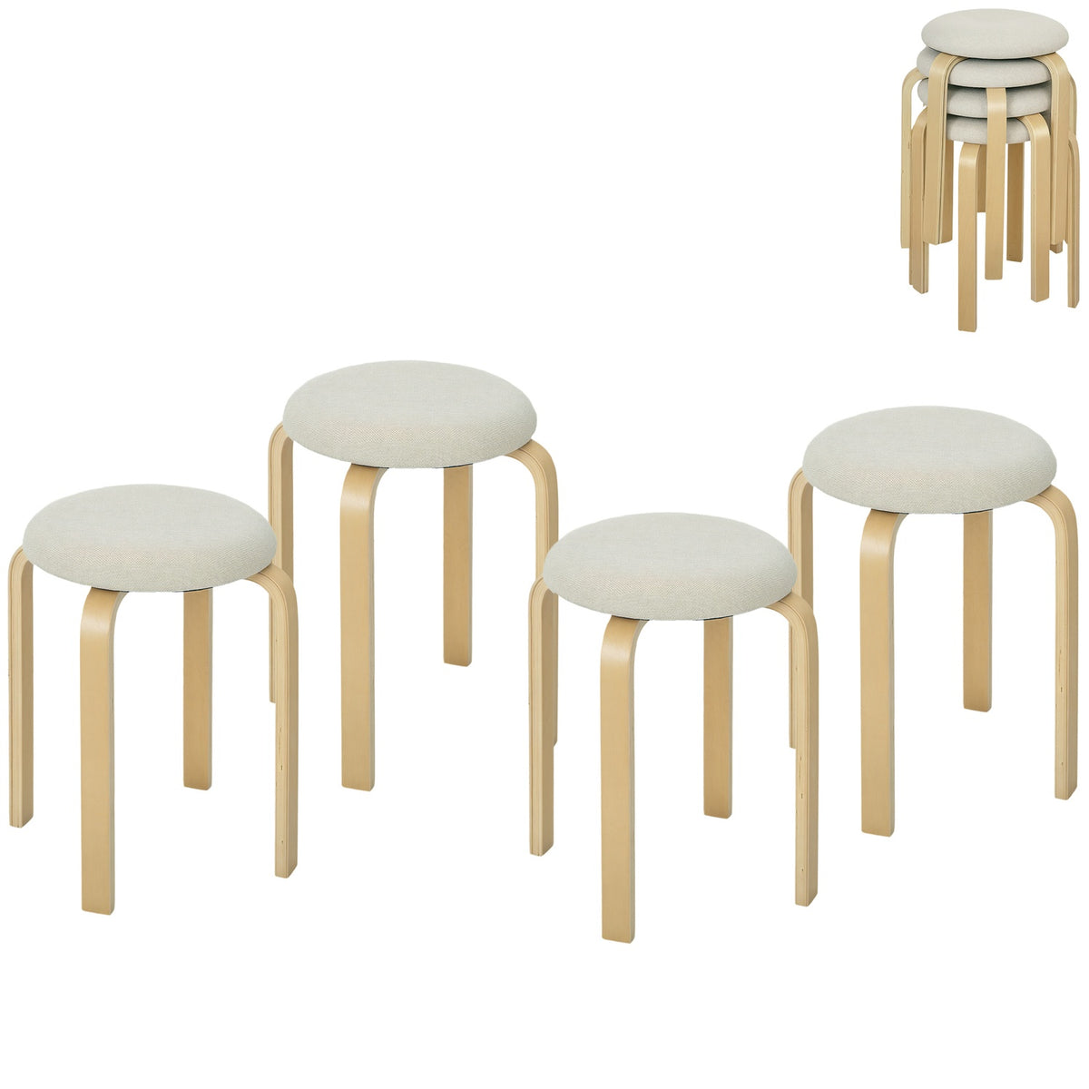 Set of 4 stackable upholstered stools, lacquered surface, wooden legs, cream white