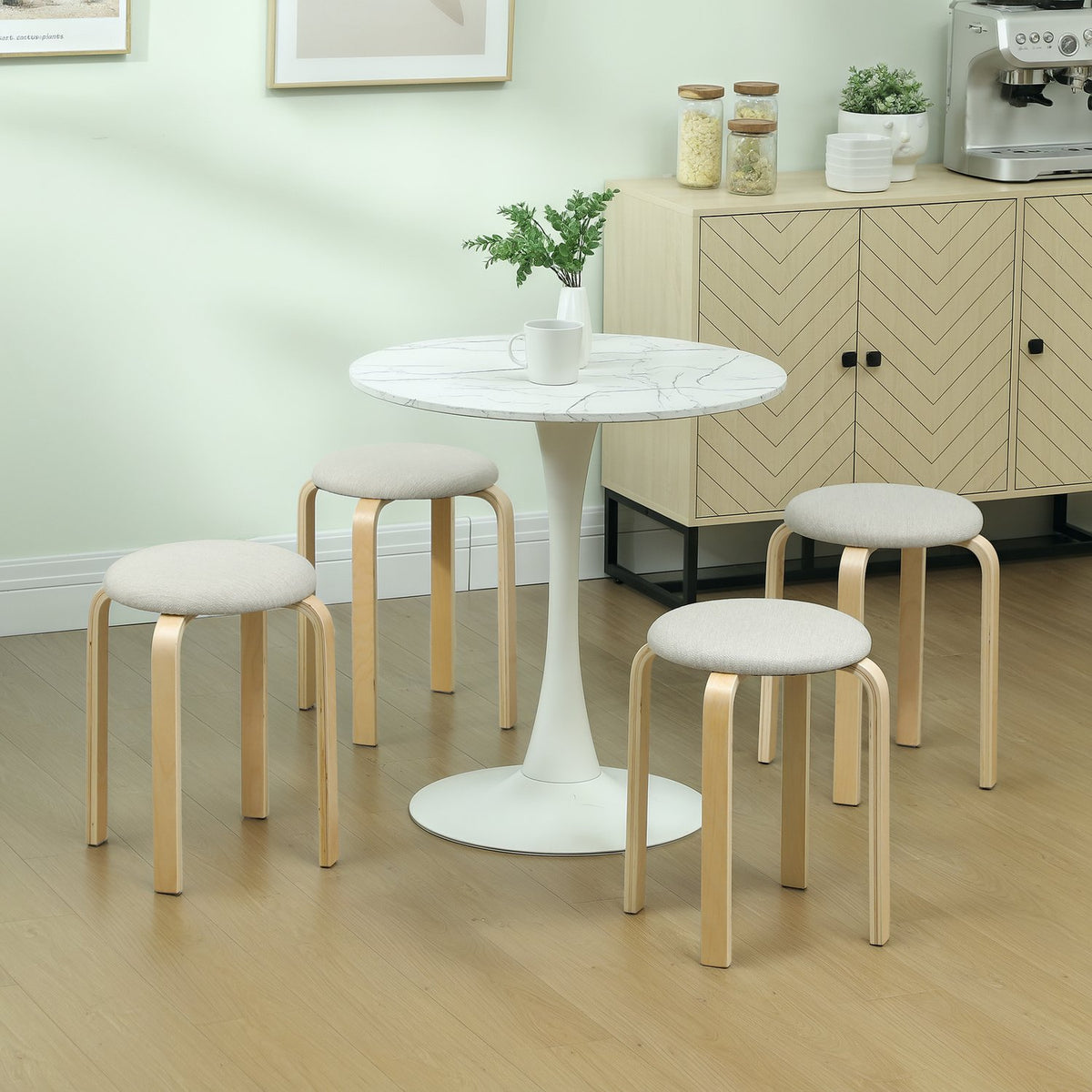 Set of 4 stackable upholstered stools, lacquered surface, wooden legs, cream white