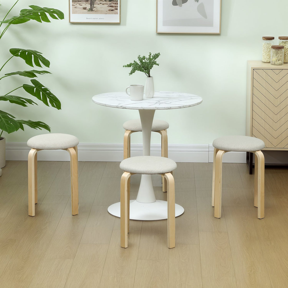 Set of 4 stackable upholstered stools, lacquered surface, wooden legs, cream white
