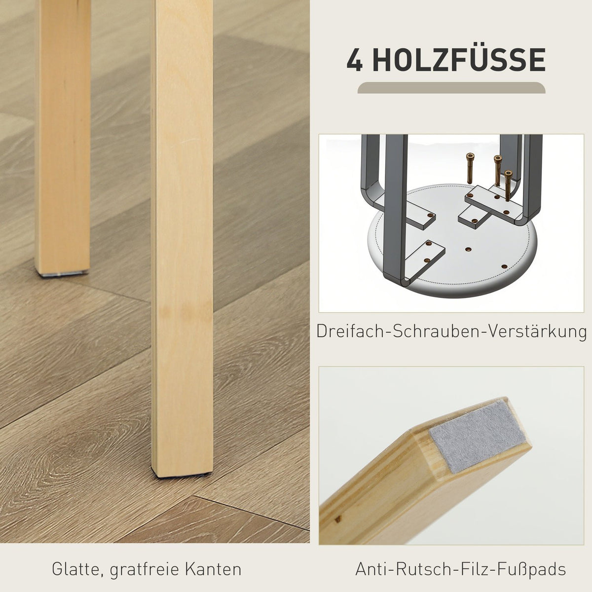 Set of 4 stackable upholstered stools, lacquered surface, wooden legs, cream white