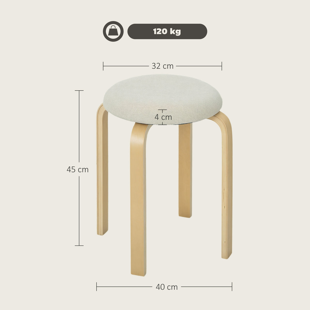 Set of 4 stackable upholstered stools, lacquered surface, wooden legs, cream white