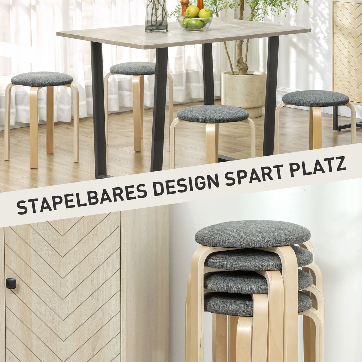 Set of 4 stackable upholstered stools, lacquered surface, wooden legs, grey