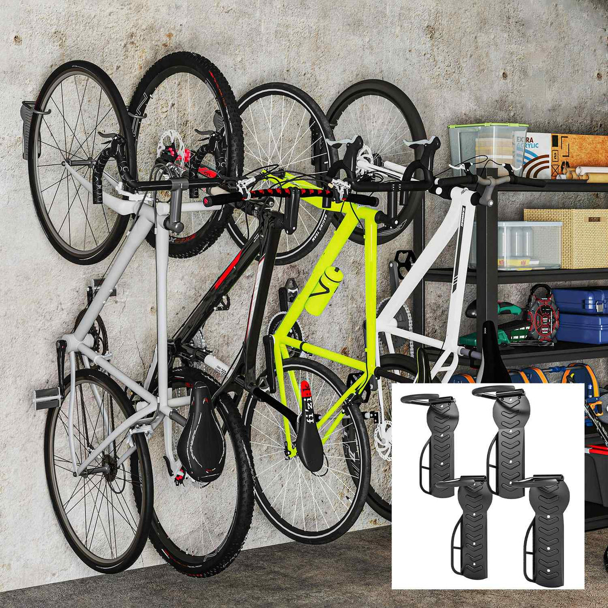 Set of 4 vertical bicycle wall mounts with 30 kg load capacity, foldable bicycle mount wall for 4 bicycles, bicycle stand for racing bikes, MTB e-bike bicycle suspension for garage house, black