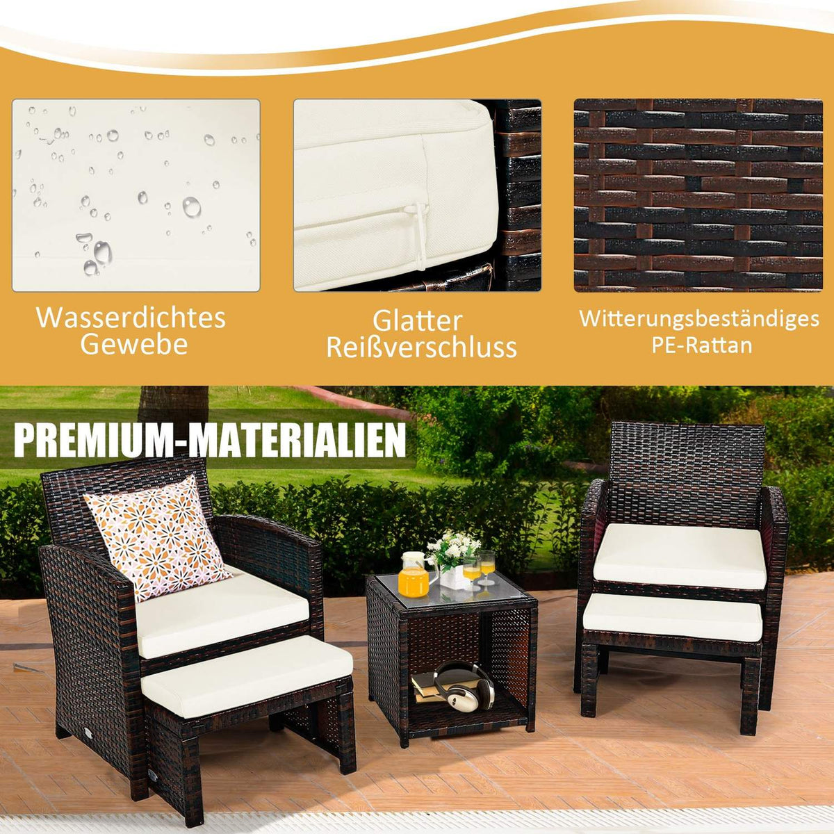 Set of 5 Rattan Set Furniture Balcony Set Garden Furniture Seating Group Brown + White