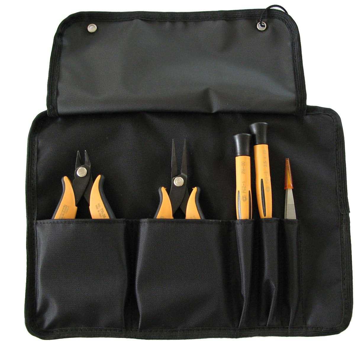 Set of 5 different hand tools (1 tweezers, 1 cutter, 1 pliers and 2 screwdrivers)