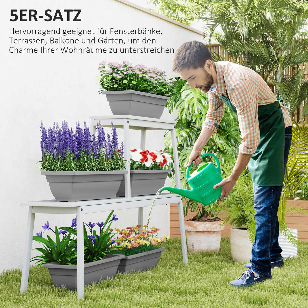 Set of 5 plastic flower pots, 59 x 21 x 16 cm stackable flower pots set, weatherproof planter, pots for indoor and outdoor use, gray