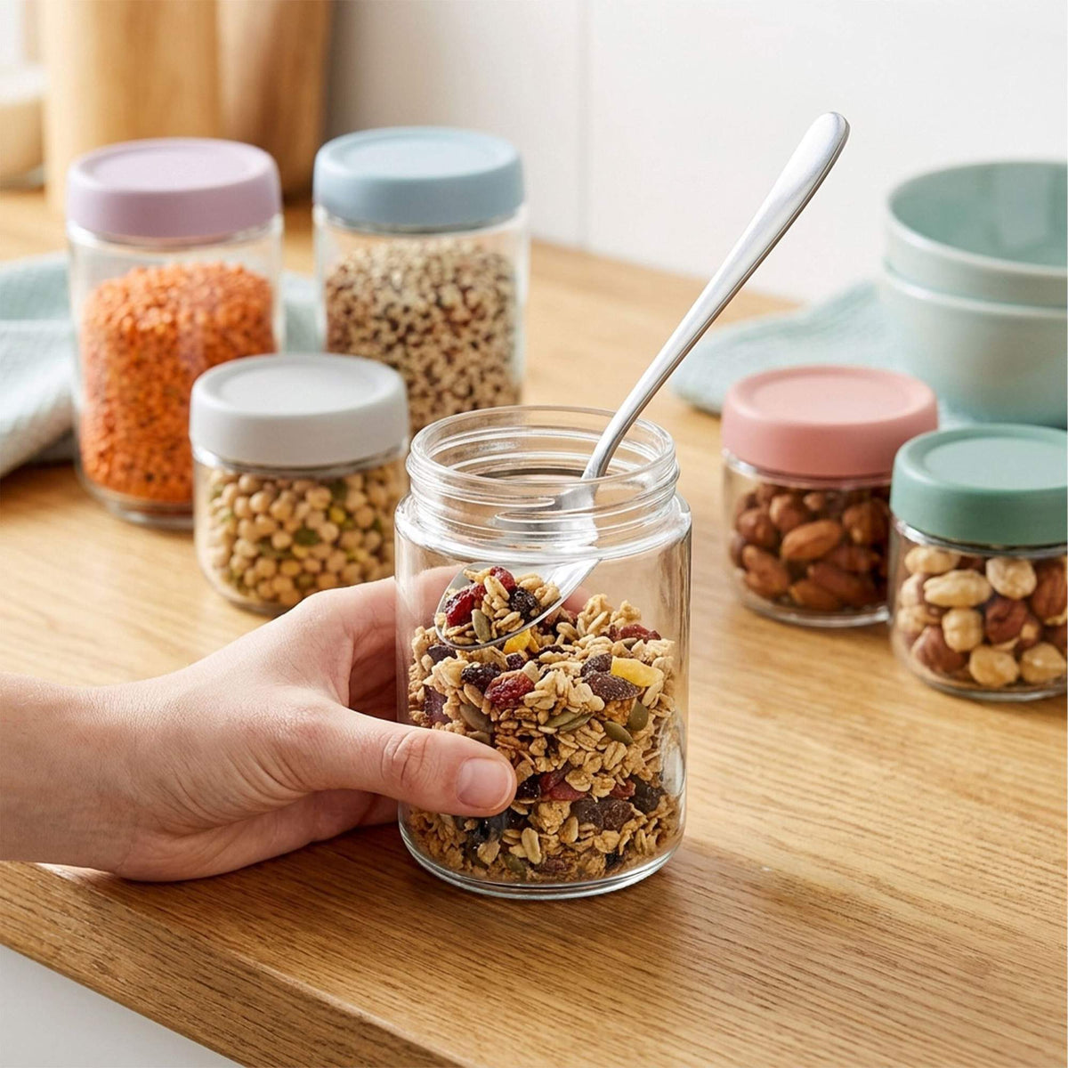 Set of 6 Glass Jam Jars with Pastel Lids, 350ml & 450ml