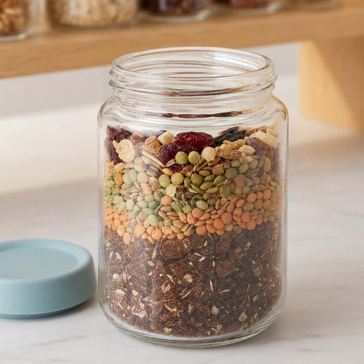 Set of 6 Glass Jam Jars with Pastel Lids, 350ml & 450ml