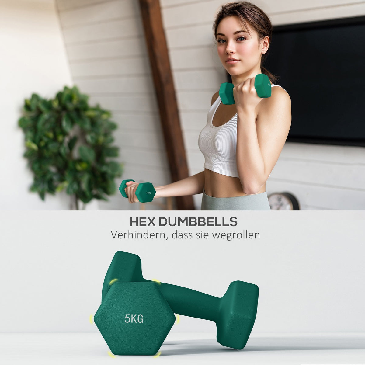 Set of 6 dumbbells 2 x 3 kg, 2 x 4 kg, 2 x 5 kg, dumbbell set with stand, hexagon dumbbell set, for strength training, fitness at home gym, grey+green+turquoise