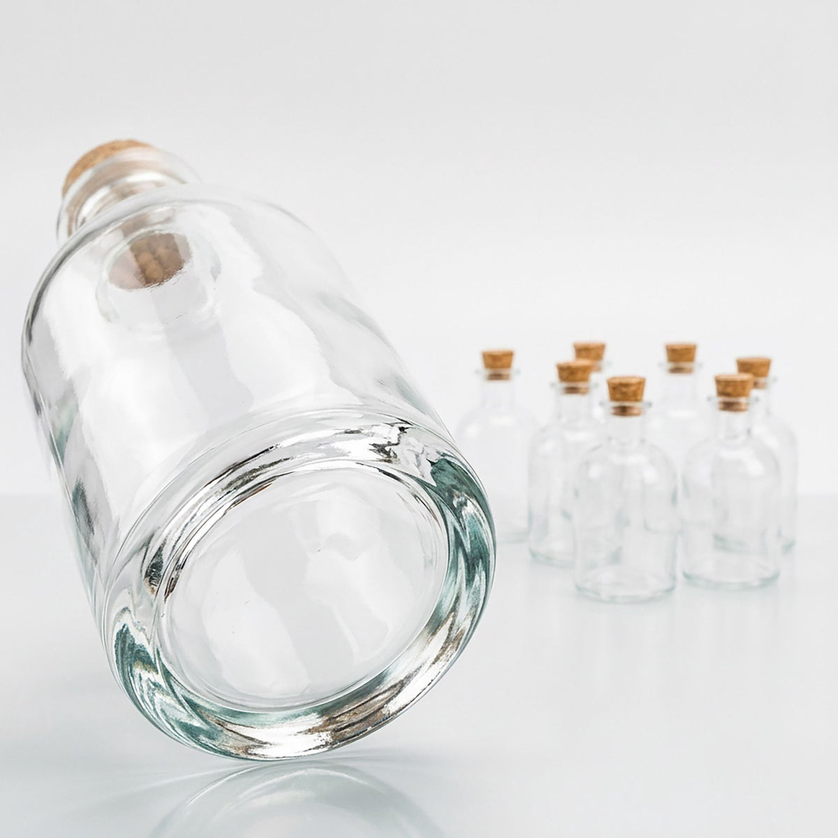 Set of 8 Glass Bottles with Corks – 150ml, Round