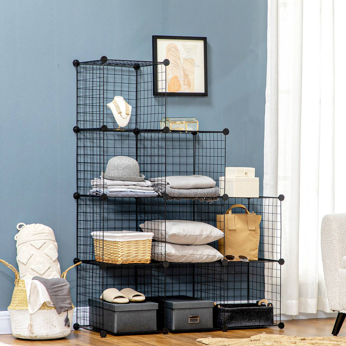 Shelving System Diy Plug-In Shelving Made Of Steel Wire, 9 Compartments Shoe Rack, Black, For Living Room, 35X35X35Cm Per Cube