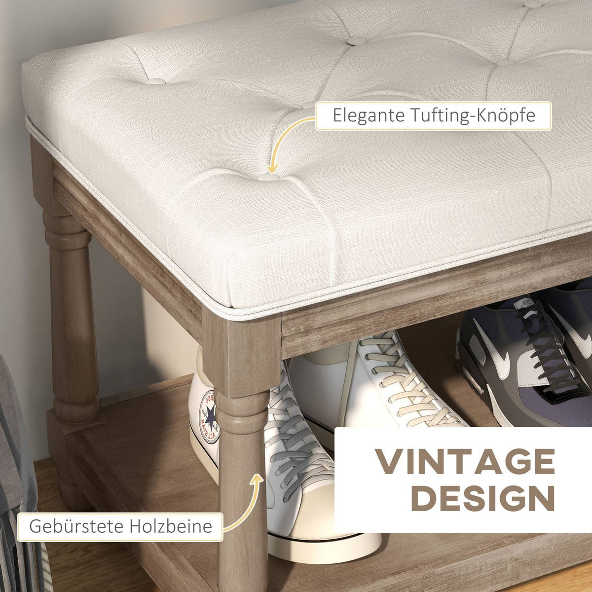 Shoe Bench Seat Shoe Rack Storage Space Padded Linen Look Wooden Legs Living Room Hallway Cream 115X40X48Cm