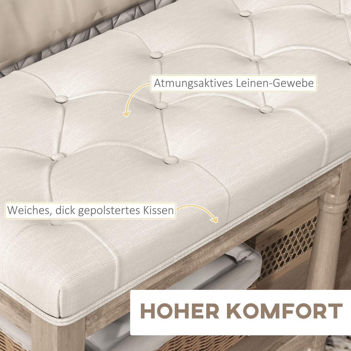 Shoe Bench Seat Shoe Rack Storage Space Padded Linen Look Wooden Legs Living Room Hallway Cream 115X40X48Cm