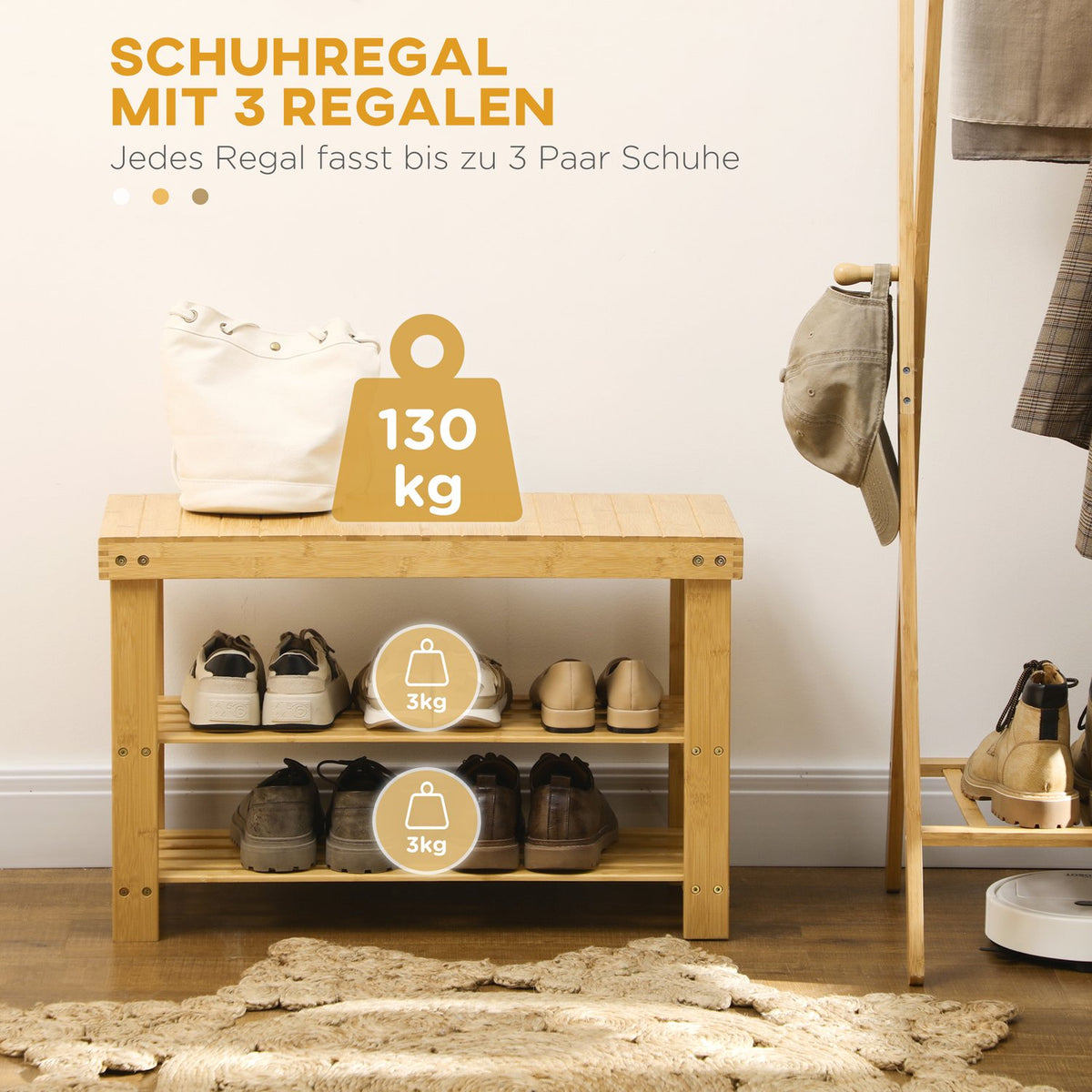 Shoe Bench, Shoe Rack With 3 Levels, Bamboo Bench, Wardrobe Bench For 6 Pairs Of Shoes, Shoe Storage, Natural, 70 X 28 X 45 Cm
