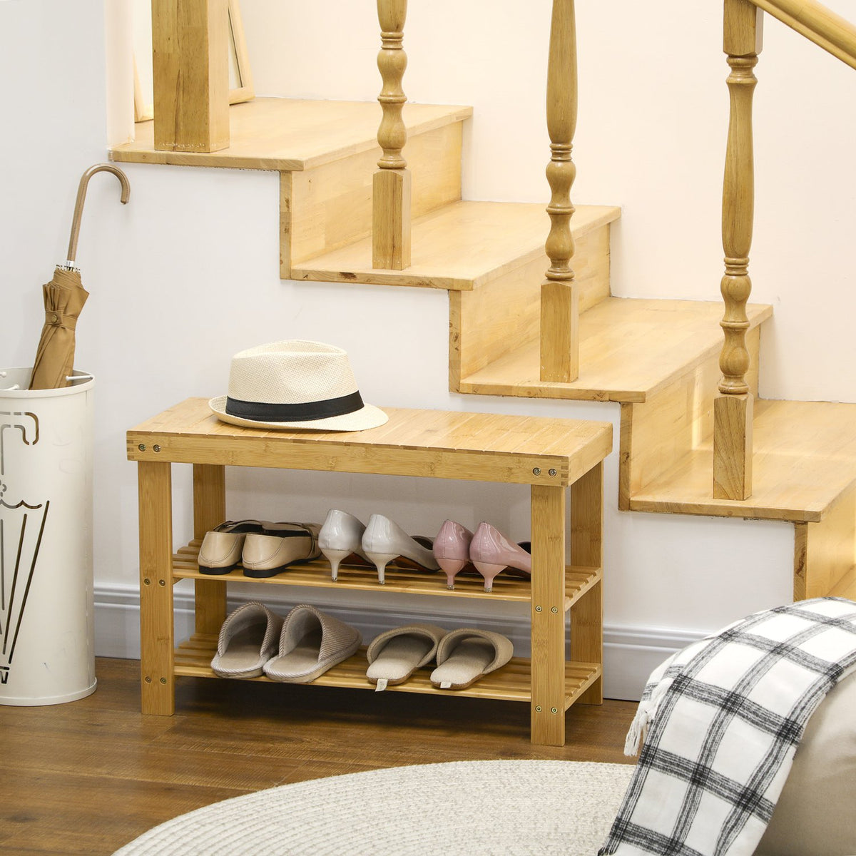 Shoe Bench, Shoe Rack With 3 Levels, Bamboo Bench, Wardrobe Bench For 6 Pairs Of Shoes, Shoe Storage, Natural, 70 X 28 X 45 Cm