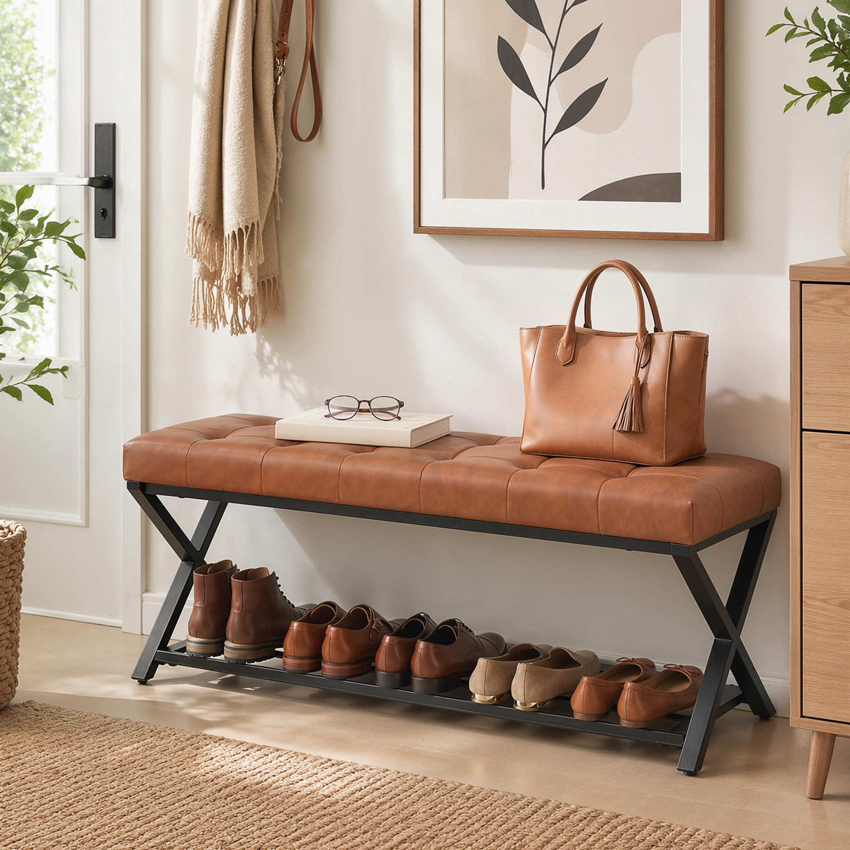 Shoe Bench With PU Leather Seat, Metal Shelf, 220 kg