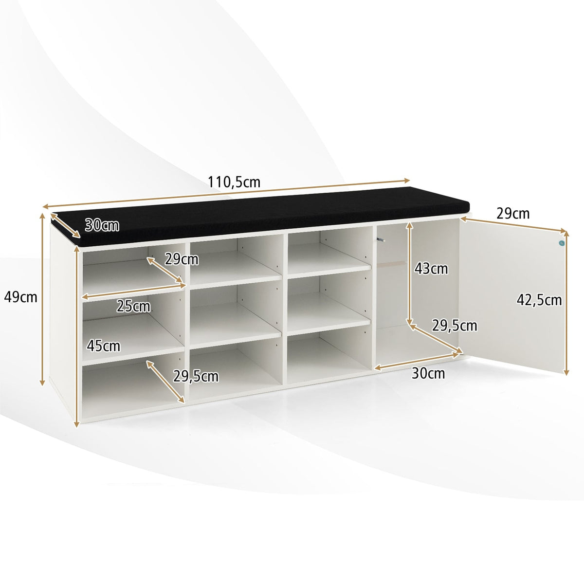 Shoe Bench with Cushion & Adjustable Shelves, White