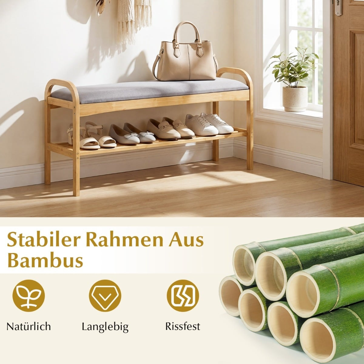 Shoe Bench with Cushion, Bamboo Frame, 2-Tier Storage