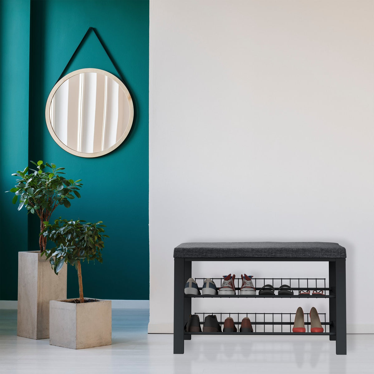 Shoe Bench with Cushion, Metal Frame, 2-Tier Rack