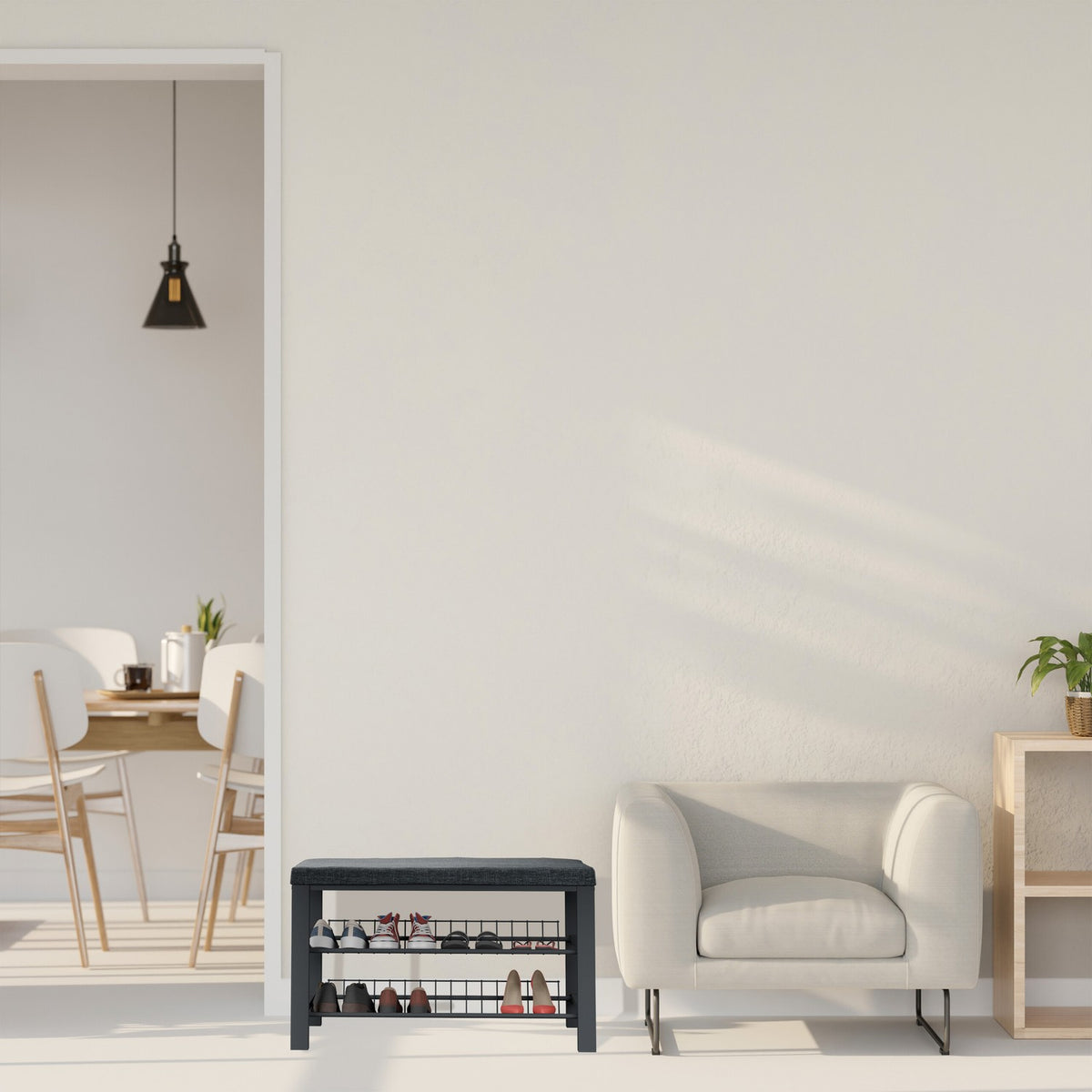 Shoe Bench with Cushion, Metal Frame, 2-Tier Rack