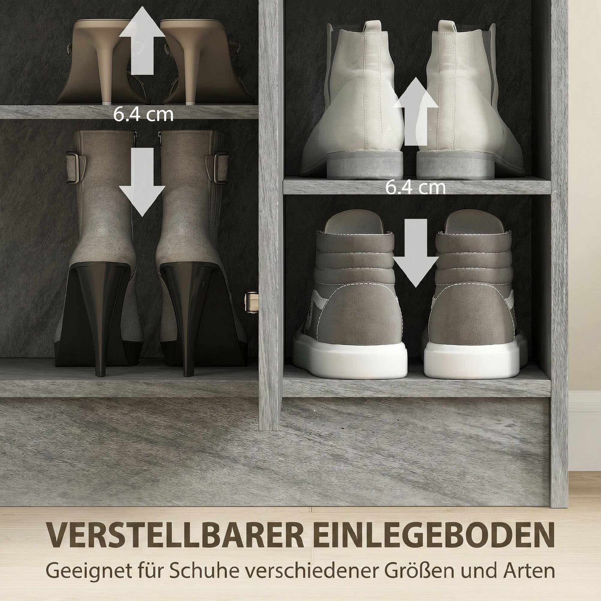 Shoe Cabinet, 12-Pair, 2 Doors, 4 Open Shelves, Grey