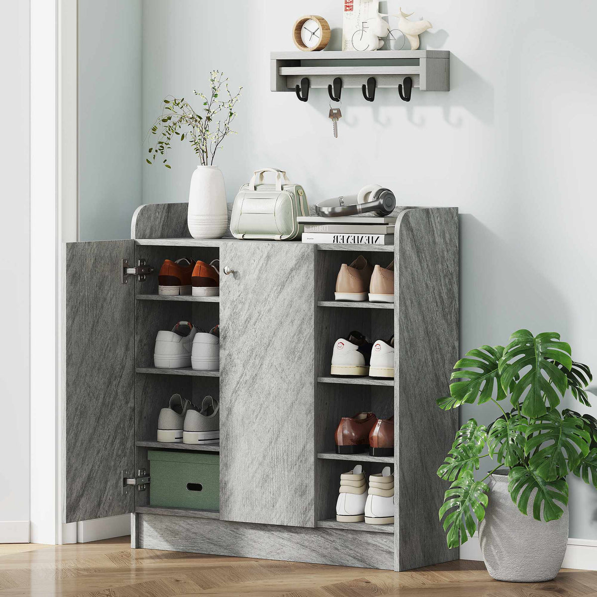 Shoe Cabinet, 12-Pair, 2 Doors, 4 Open Shelves, Grey