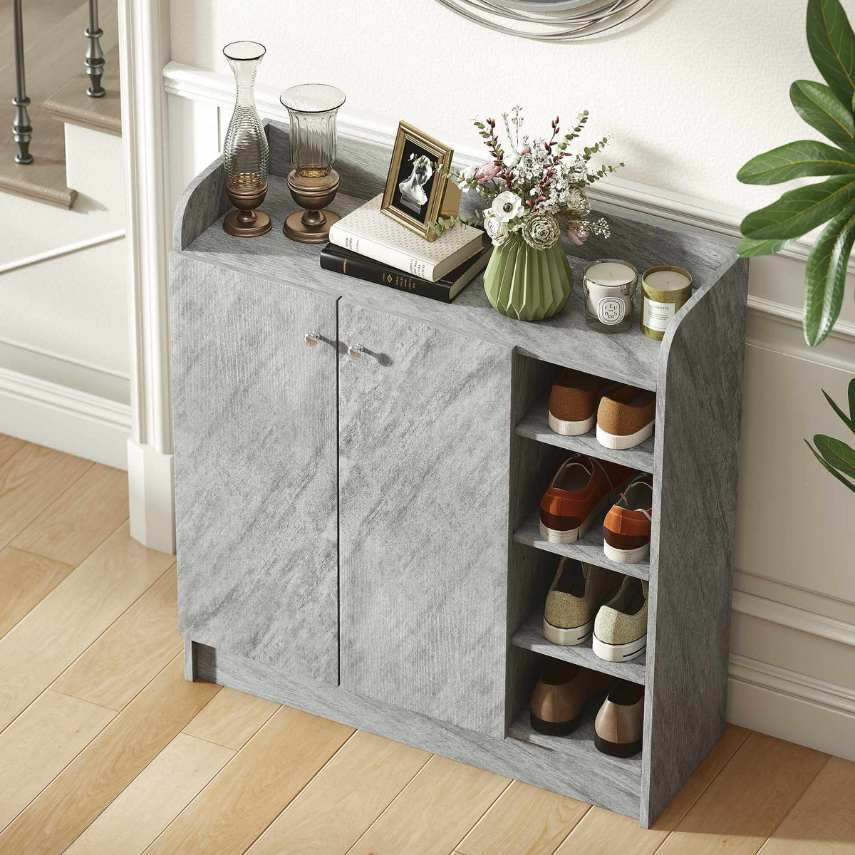 Shoe Cabinet, 12-Pair, 2 Doors, 4 Open Shelves, Grey